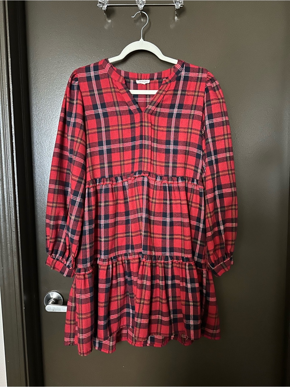 JODIFL Red and Black Plaid Shirt Dress